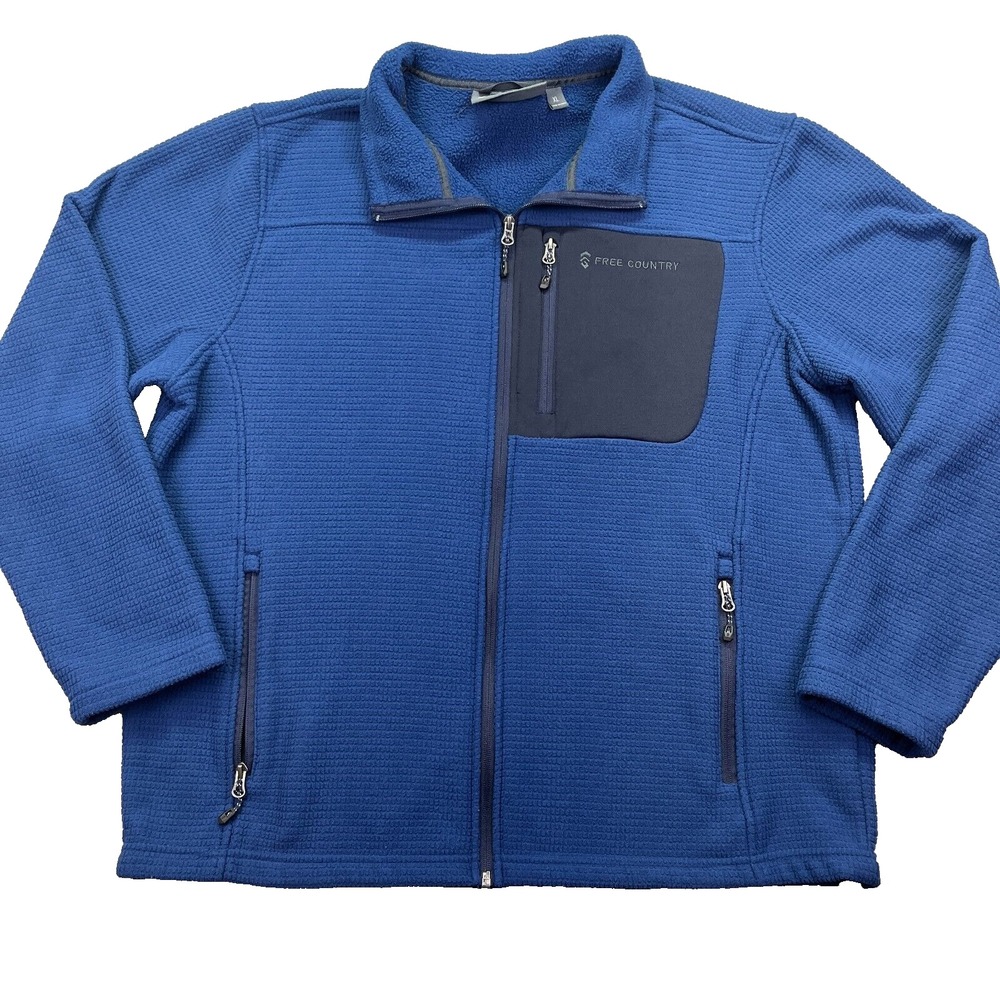 Free Country Jacket Mens Sz XL Black Blue Grid Fleece Full Zip Fleece Sweater